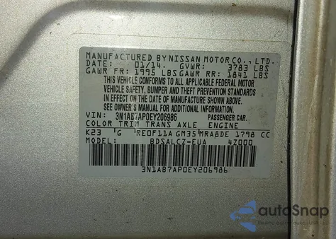 2014 Nissan Sentra S z USA, uszkodzony, nr VIN 3N1AB7AP0EY206986